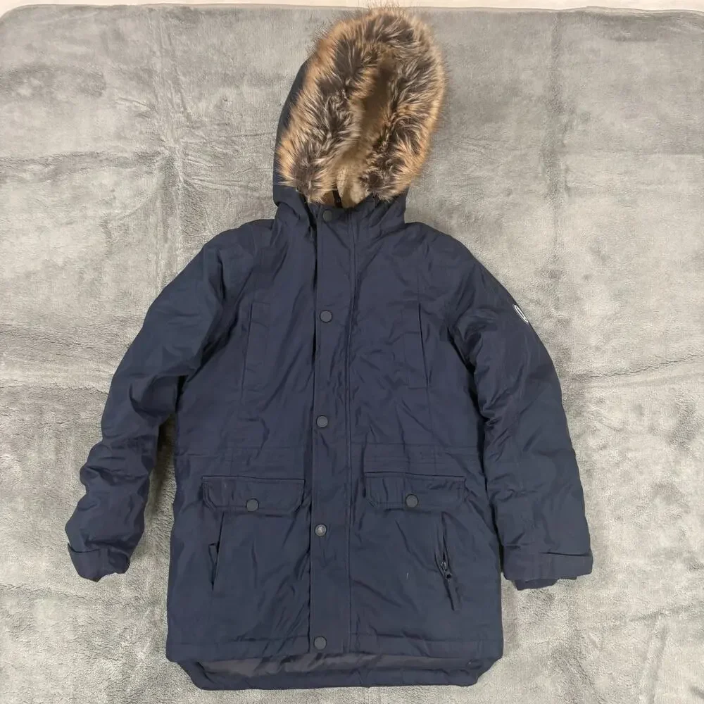Lands' End Kids Winter Parka Coat L 10-12 Navy Down Faux Fur Hood